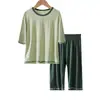 Pijama de Verano Fino para Mujer Conjunto de Dos Piezas Textura de Algodón Modal Color Sólido Conjunto de Shorts de Manga Corta Ropa de Casa Manga Tres Cuartos