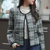 Chaqueta corta de tweed a cuadros de color contrastante estilo Chanel para mujer, cuello redondo, corte holgado, adelgazante, elegante, parte superior de un solo botón