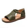 Camada Superior de Verão Sandálias Vintage de Couro de Vaca Feitas à Mão Planas Confortáveis Sandálias de Couro Genuíno para Mulheres Velcro Sandálias de Bico Aberto Sapatos para Mães