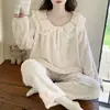 Pijama de Terciopelo Coral para Mujer en Otoño e Invierno Estilo Dulce de Princesa Encaje Manga Larga Forro Polar Engrosado Cálido Conjunto de Ropa para el Hogar