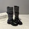 Botas com fivela para mulheres, botas de trabalho em retalhos, moda europeia e americana 2026, salto grosso, versátil para outono e inverno, botas de montaria novo estilo