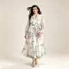 Vestido maxi com estampa de renda transfronteiriça, saia godê, gola alta, mangas bufantes e design de amarração na cintura - moda feminina outono, fornecimento direto da fonte