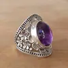 Anel Duoduo Europeu e Americano Explosões Transfronteiriças Flor Vintage de Ametista Metal Prata Antiga Anel Nepales para Homens e Mulheres