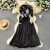 Vestido Elegante de Alta Qualidade para Mulheres 2025 Outono Malha Francesa Estampada Manga Longa Costura Alça Cintura Saia Longa