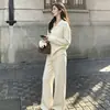 Estilo simples e descontraído, gola polo, conjunto de suéter macio em tricô trançado, conjunto de duas peças para mulheres, conjunto de calça pantalona de tricô outono/inverno