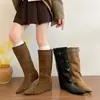 Novedad Otoño/Invierno 2026 Botas Vaqueras Occidentales de Dos Usos con Dobladillo para Mujer Hebilla de Cuero Suela Plana Botas Largas Apiladas Punta Cuadrada Retro