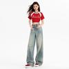 Jeans Feminino Wide Leg Rasgado Estilo Americano Retrô Verão 2024 Fino Cintura Alta Emagrecedor Solto Reta