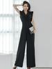 Yujie Fan - Elegante traje ajustado con cuello y pantalones de pierna ancha para mujer, mono profesional de moda coreana de verano