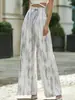 Calças de Linho Largas Estampadas de Cintura Alta com Amarração Estilo Resort Europeu e Americano Primavera/Verão 2026 Moda Feminina Elegante Calças Soltas para o Dia a Dia