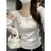 Estilo coreano Pure Desire Lace Stitching Manga comprida Ombro T-Shirt Outono Slim-Fit Interior