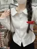 Foto real de outono estilo coreano elegante e suave gola boneca doce que rejuvenesce camiseta de manga comprida cardigã top básico para mulheres 18052