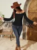 Amazon Transfronterizo Top de Mujer con Borlas Estilo Vaquero Occidental Hombros Descubiertos Manga Larga Retro Elástico Ajustado Camiseta Top