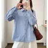 "Listras Clássicas" Novidade de Outono [Algodão] Camisa de Gola Dobrável Casual Juvenil Manga Longa Blusa Feminina
