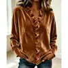 Nueva moda europea y americana de otoño/invierno para mujer, blusa de manga larga con volantes, top de manga larga de terciopelo liso, simple y elegante