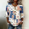 Nueva camiseta estampada de cuello en V con volantes y botones transfronteriza para mujer, elegante camisa casual para ir al trabajo en verano