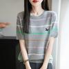Nuevo Estilo Verano 2025 Bambú Lino Cuello Redondo Tejido Camiseta de Manga Corta para Mujer Rayas de Colores Bordado Perro Top