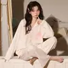Pijama feminino 100% algodão para primavera e outono, manga longa, calça longa, cardigã, doce padrão floral, conjunto casual de gaze 100% algodão para casa