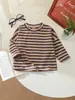 Camiseta Infantil 1 Camiseta Moda Listrada Tricotada Gola Redonda Camiseta Básica para Homens e Mulheres Roupas de Bebê para Primavera Tops de Bebê