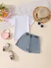 Conjunto de 2 Piezas Verano 2026 de Shorts de Mezclilla, Camiseta de Manga Corta con Estampado Infantil de Color Sólido, Ropa de Playa con Lazo para Niñas
