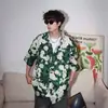 Camisa de Manga Corta Artística Versátil Casual Tendencia Nicho Perezosa Flores Pintura al Óleo Verde Retro Hawaiano