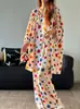 [Estoque Pronto] Pijama de Seda de Algodão Estilo Francês para Mulheres, Primavera e Outono, Modelagem Solta, Alta Qualidade, Manga Longa, Calça Longa Conjunto Casual para Casa