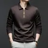Popular Camisa Polo Cepillada de Media Cremallera Manga Larga para Hombre Cuello Solapa Primavera y Otoño Seda de Morera Tops para Hombres de Mediana Edad Camiseta