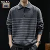 100% Algodón Estilo Old Money Bloque de Color Rayas Manga Larga Camisa Polo Hombre Otoño Nueva Llegada Cuello de Pico Tejer Suéter
