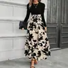 Vestido estampado de dos piezas simulado para mujer, moda europea y americana transfronteriza de Amazon, con mangas abullonadas, cintura de corbata, dobladillo con volantes y falda larga