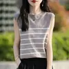 Top de punto sin mangas a rayas estilo chic francés transfronterizo de seda de hielo para mujer, fino de verano, rejuvenecedor, bonito y elegante, tipo camiseta sin mangas