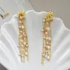 Pendientes de Cobre Incrustados con Zirconio Elegantes de Nicho Transfronterizos Pendientes de Borla de Perla con Rostro de Diosa Adelgazante Accesorios de Flor y Moño