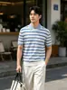 Camisa de Punto de Manga Corta con Bloques de Color Rayas Patchwork Cuello Solapa Tencel Estilo Japonés Verano Nueva Ajustada Casual Camiseta Moderna