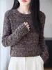 Blusa de Tricô com Lantejoulas Gola Redonda Manga Longa Feminina Suéter Outono Inverno Brilho Fino Luxo Leve Temperamento Emagrecimento Estiloso Camada Base