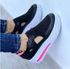 Nuevos Zapatos Casuales Transfronterizos de Talla Grande Tejido de Punto Transpirable Tacón de Cuña Suela Gruesa Huecos Velcro Punta Redonda Parte Superior Baja Zapatos de Mujer