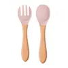 Diretamente do fabricante: colheres e garfos macios de silicone de grau alimentício, utensílios de alimentação complementar para crianças, conjunto de treinamento de colher e garfo com cabos de madeira