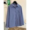 Camisa solta xadrez retrô estilo americano com proteção solar slim fit, foto real em estoque, blusa feminina de manga comprida no início do outono