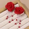 Ez5726 Pendientes de Borla con Pedrería de Rosa Flocada Transfronterizos Nuevos Pendientes Largos Elegantes de Perla Pendientes para Mujer con Diamantes Brillantes