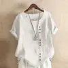 Top de punto de algodón y lino estilo Hong Kong, manga corta, con un elegante diseño de cuello redondo decorado con botones, nuevo modelo de verano