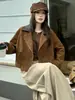 Chaqueta corta de gamuza estilo retro de motocicleta para mujer, con cuello de solapa y cremallera, corte entallado, adecuada para figuras petite, top casual versátil