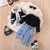 Conjunto de Chaleco de Cuero PU para Niñas de Otoño Nuevo de Comercio Exterior con Mangas Largas de Canalé y Pantalones de Mezclilla Lavada