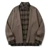 Suéter de tricô xadrez retrô estilo japonês Rumeng para homens, jaqueta casual de outono com gola de camisa patchwork e corte solto