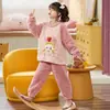 Pijama infantil de flanela e fleece coral para alunos do ensino fundamental, conjunto de fleece outono e inverno para meninas, design de desenho animado para meninas e crianças mais velhas