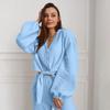 Cárdigan Azul de Algodón Puro Otoño Europeo y Americano 2025 con Cordones Ropa de Casa para Mujer Cómodo Conjunto de Pijama de Dos Piezas con Pantalones de Manga Larga