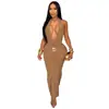 C7833 Transfronterizo 2026 Nuevo Vestido Sexy Elegante de Mujer con Cuello Halter, Escote en V Profundo, Abertura Sexy y Pliegues, Espalda Descubierta