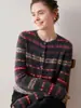 Novo cardigã de malha Fair Isle 100% cashmere puro para mulheres, com gola redonda e um design listrado retrô vermelho e cinza