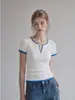 Camiseta de punto de manga corta color blanco con cuello en V de seda helada fresca ummoimoi para mujer, nuevo diseño de verano 2026 con colores contrastantes