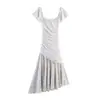 Ropa Nueva de Verano para Mujer Transfronteriza Vestido de Lunares con Dobladillo Asimétrico, Manga Corta, Cuello Cuadrado, Capas y Pliegues