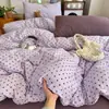 Juego de cuatro piezas de algodón lavado con lunares estilo ins, fresco y sencillo, funda nórdica y sábana de algodón puro, juego de tres piezas de algodón para dormitorio estudiantil 4