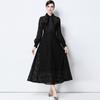 Foto Real de Vestido Elegante de Encaje Soluble en Agua con Clase de Manga Larga y Encaje de Seda con Cordones para Mujer con Cintura Alta y Falda Slim Midi