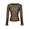 Elegante Top de Encaje con Flores Caladas de Ganchillo de Manga Larga para Mujer, Estilo Delgado Ligeramente Transparente para Otoño, Elegante Top Interior