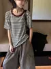 Camiseta de Lino para Mujer, Estilo Japonés Retro, Bloques de Color, Cuello Redondo, Holgada, Rayas, Manga Corta, Nueva Colección Otoño Temprano 2026, Top Casual Versátil